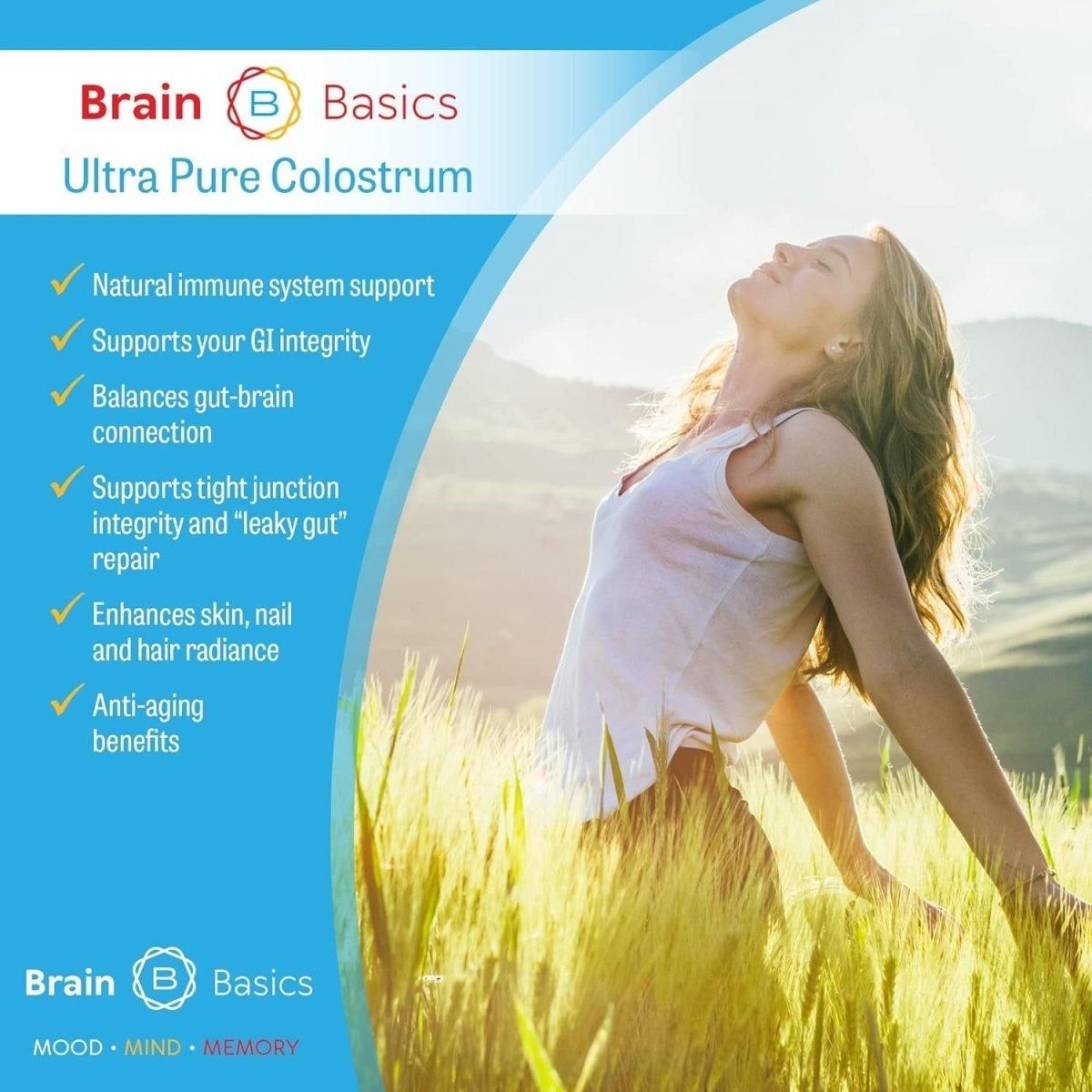 Brain Basics Ultra - Pure Colostrum, 4000Mg per Serving, Min 25% Igg Antibodies, Gut - Brain - Immune Health, Glowing Hair and Skin. Colostrum Powder from Grass - Fed Cows. 120 Grams - 30 Servings - Glam Global UK