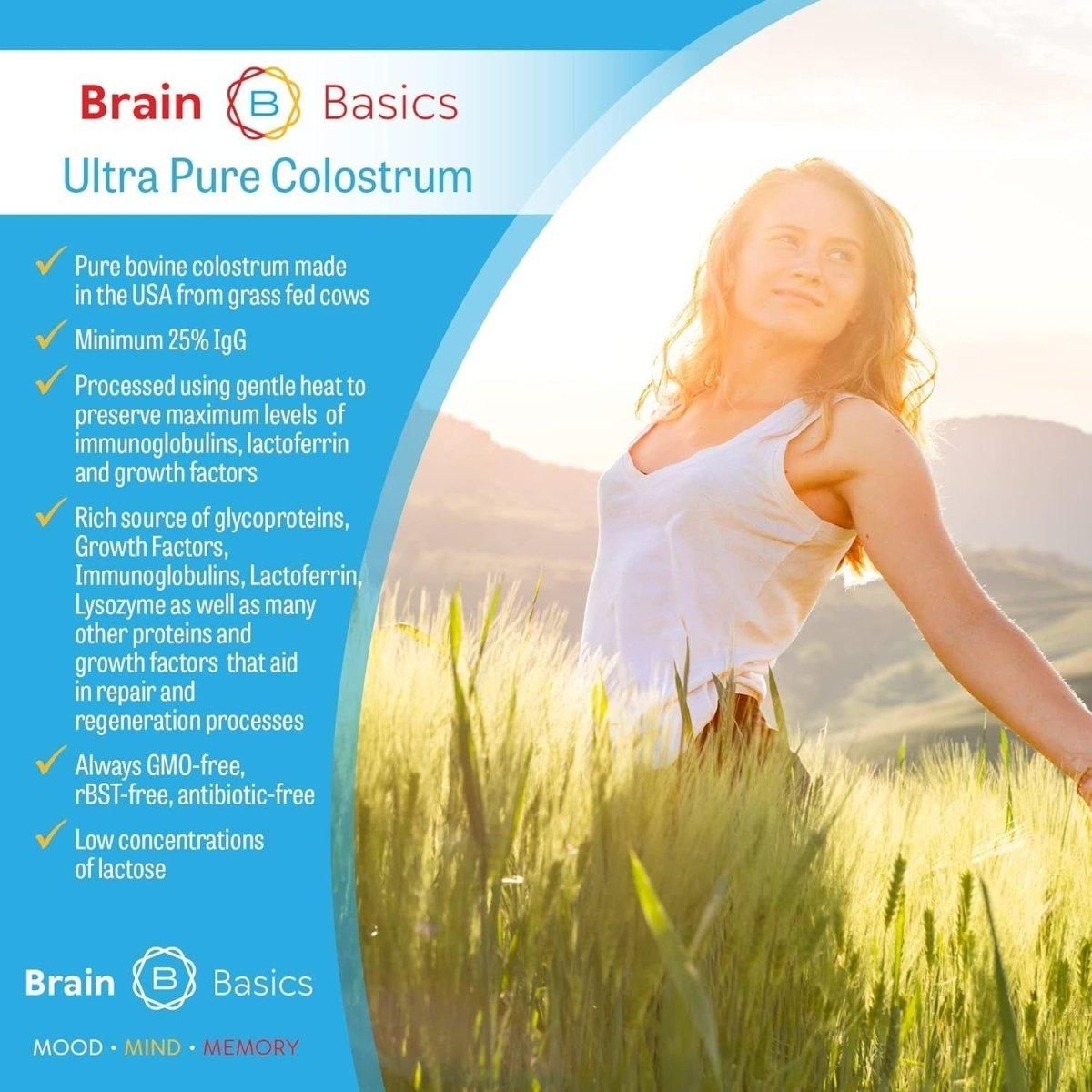 Brain Basics Ultra - Pure Colostrum, 4000Mg per Serving, Min 25% Igg Antibodies, Gut - Brain - Immune Health, Glowing Hair and Skin. Colostrum Powder from Grass - Fed Cows. 120 Grams - 30 Servings - Glam Global UK