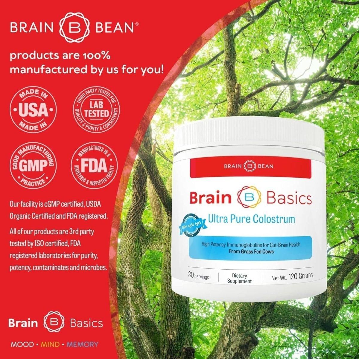 Brain Basics Ultra - Pure Colostrum, 4000Mg per Serving, Min 25% Igg Antibodies, Gut - Brain - Immune Health, Glowing Hair and Skin. Colostrum Powder from Grass - Fed Cows. 120 Grams - 30 Servings - Glam Global UK