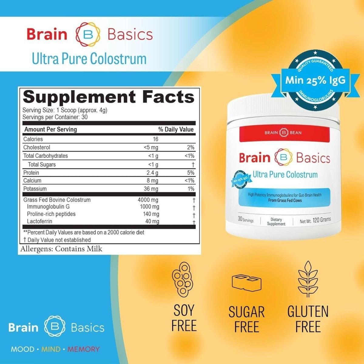 Brain Basics Ultra - Pure Colostrum, 4000Mg per Serving, Min 25% Igg Antibodies, Gut - Brain - Immune Health, Glowing Hair and Skin. Colostrum Powder from Grass - Fed Cows. 120 Grams - 30 Servings - Glam Global UK