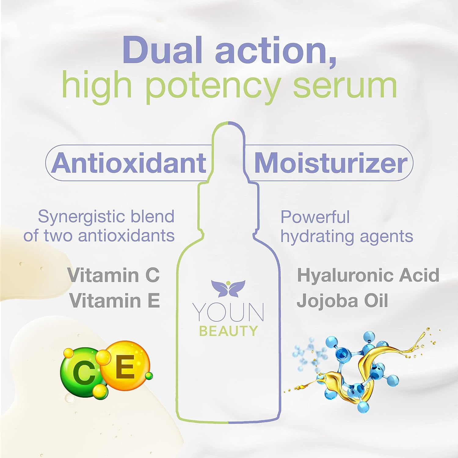 YOUN Beauty CE Antioxidant Serum – 60ml | Brightening Vitamin C & E Serum with Hyaluronic Acid for Radiant, Youthful Skin