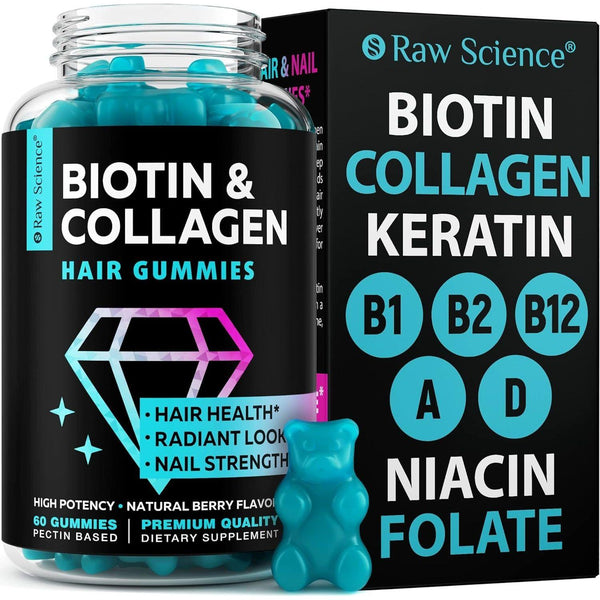 Biotin Collagen Gummies – Hair Skin and Nails Vitamins for Women & Men – Hair Growth Vitamins: B1, B2, B3, B5, B7, B9, B12, Collagen, Keratin, Vitamin a & D – Hair Growth Supplement – 60 Gummy Bears