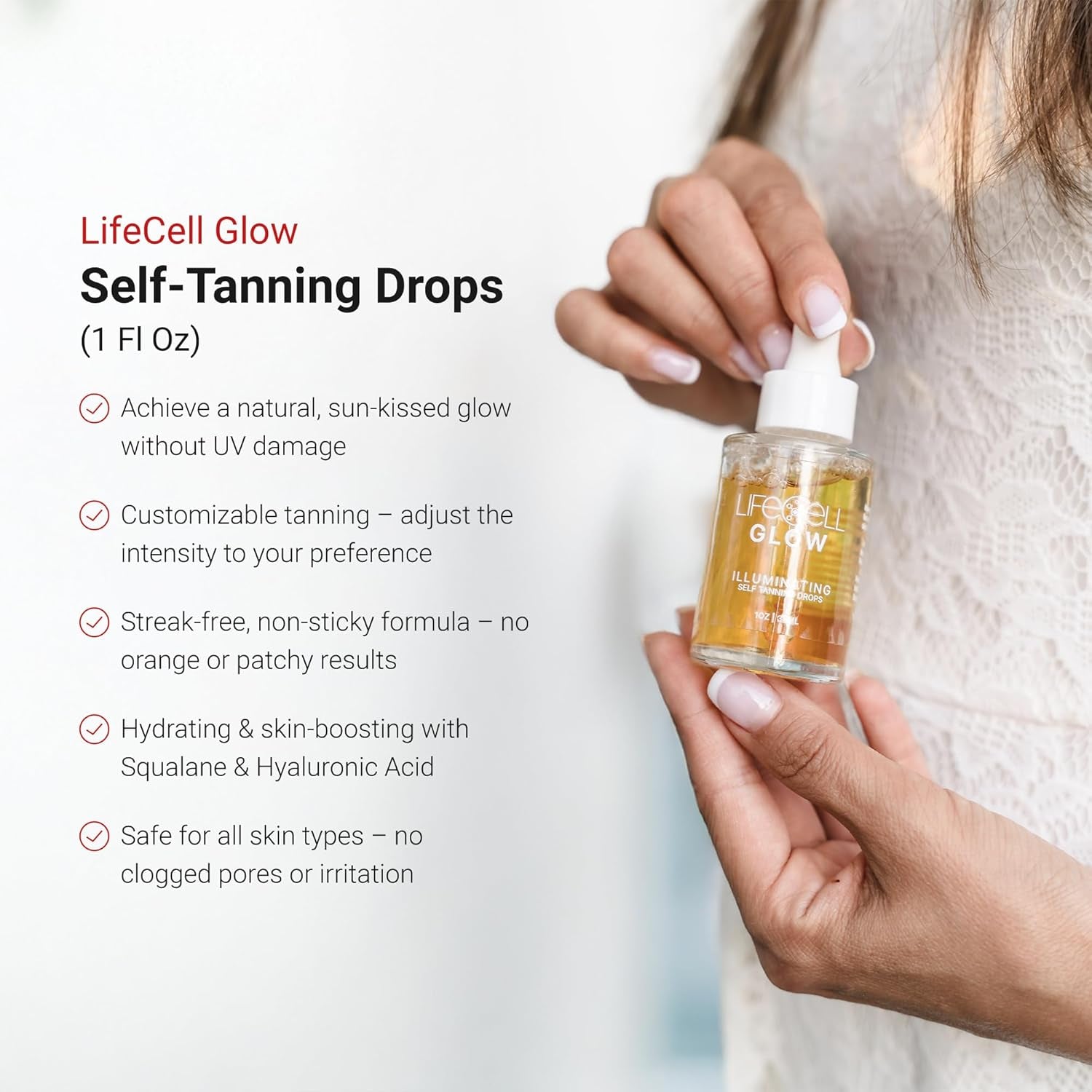 LifeCell Glow Illuminating Self Tanning Drops – 30ml | Customizable, Hydrating Tan for Face & Body