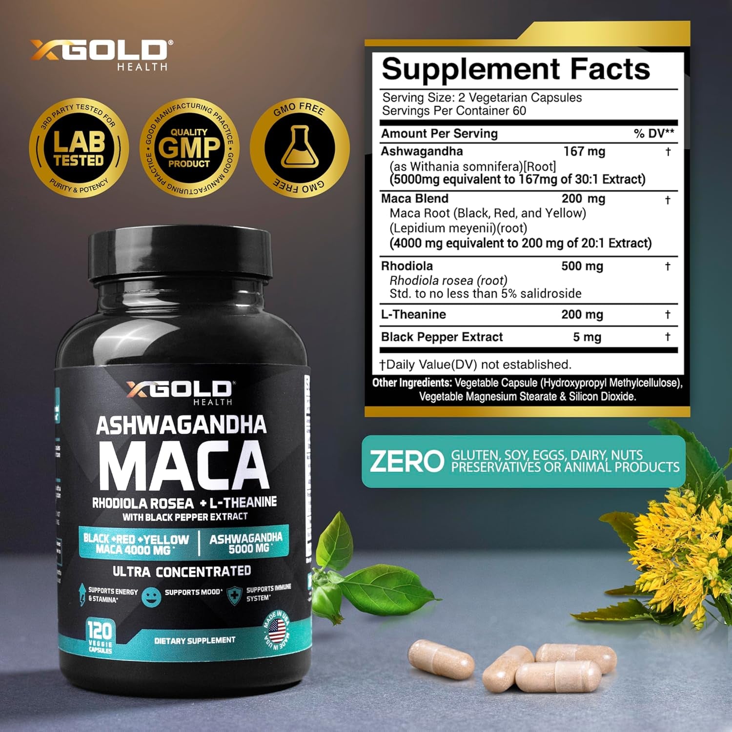 X Gold Health Ashwagandha Maca – 120 Capsules | Energy, Hormone Balance & Mood Support