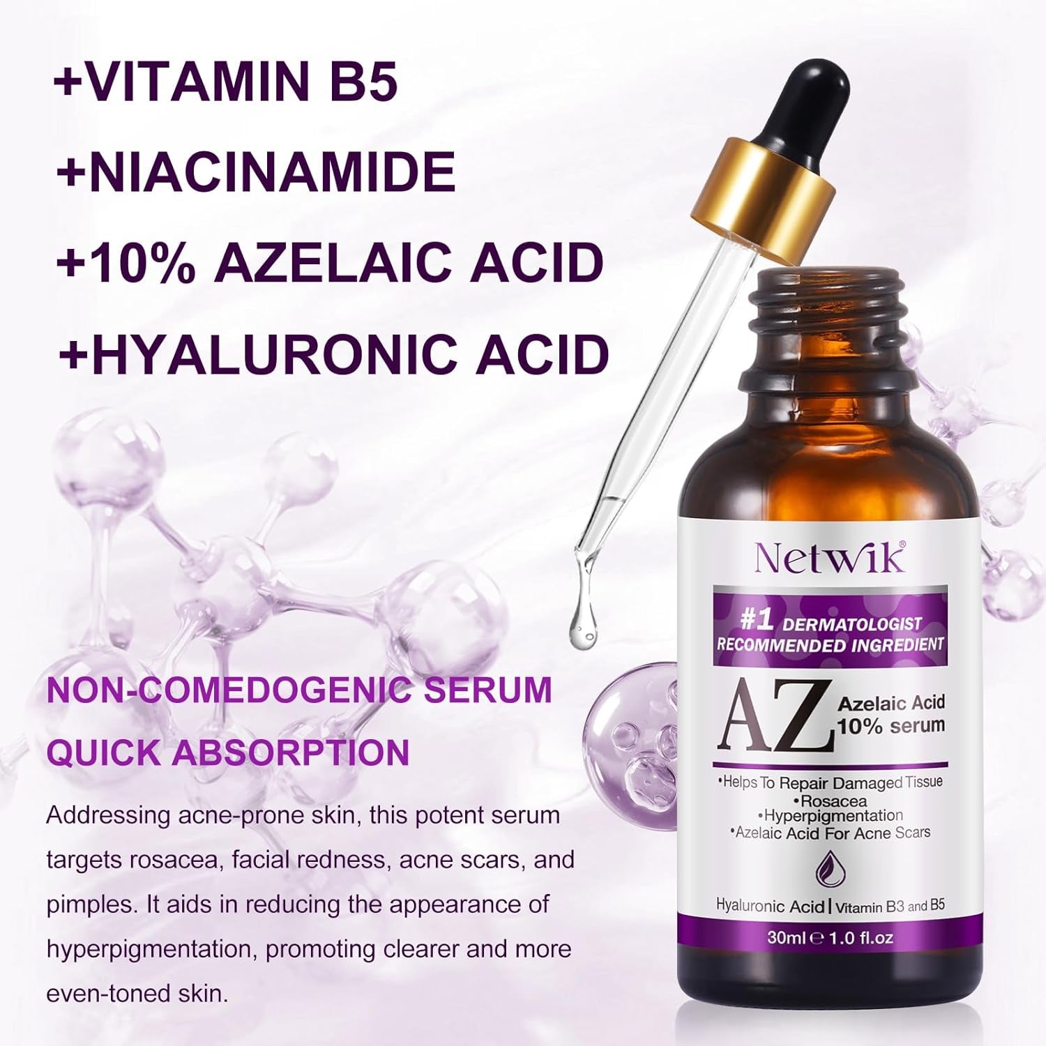 Netwik Azelaic Acid 10% Serum – 30ml | Redness Relief, Rosacea & Acne Treatment for Clear, Radiant Skin