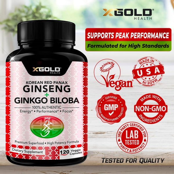X Gold Health Korean Red Panax Ginseng + Ginkgo Biloba – 120 Capsules | Natural Energy, Focus & Mental Clarity