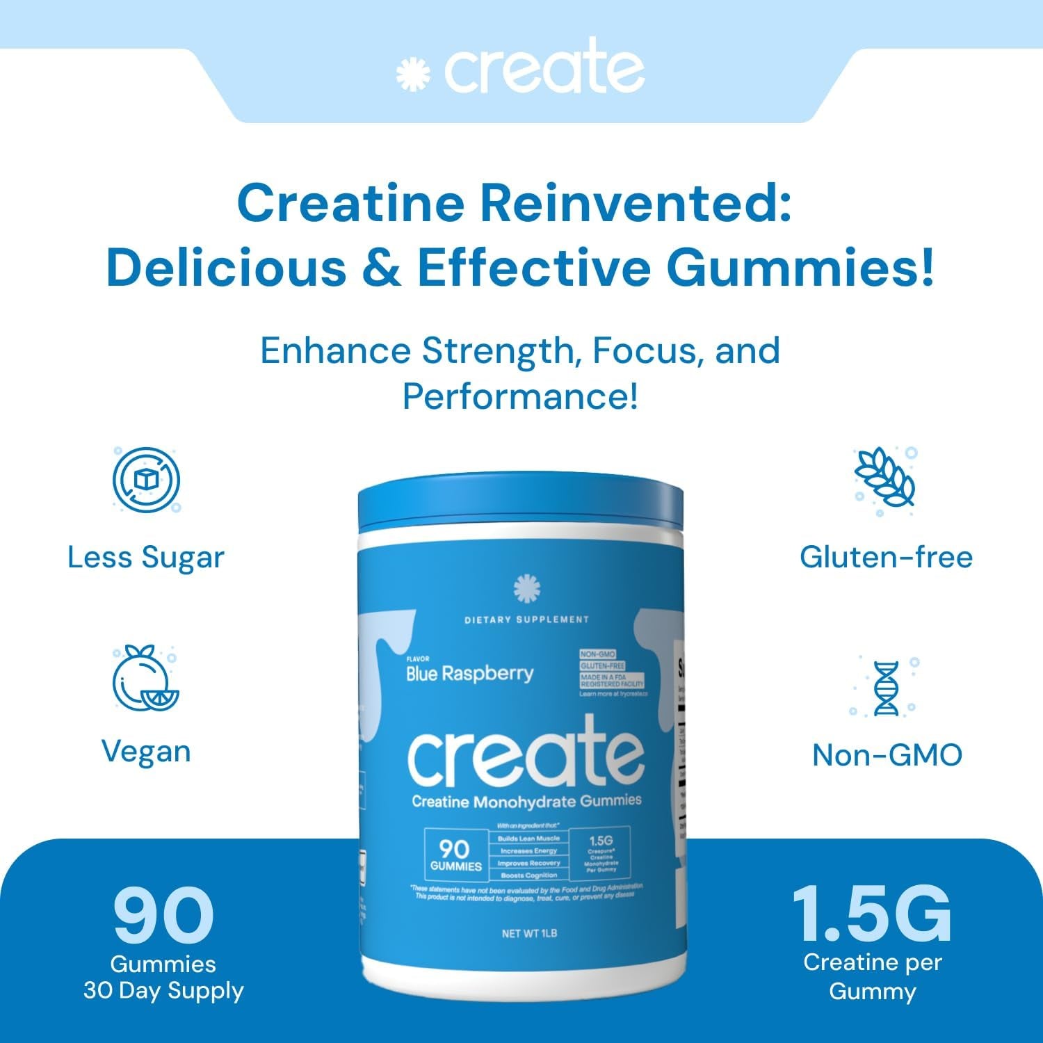 Creatine Monohydrate Gummies for Men & Women, Boost Focus, Strength, and Endurance, Anti-Melting Formula, Vegan, Gluten-Free, Non-Gmo, 1.5G of Creatine per Gummy (Blue Raspberry, 90 Ct)