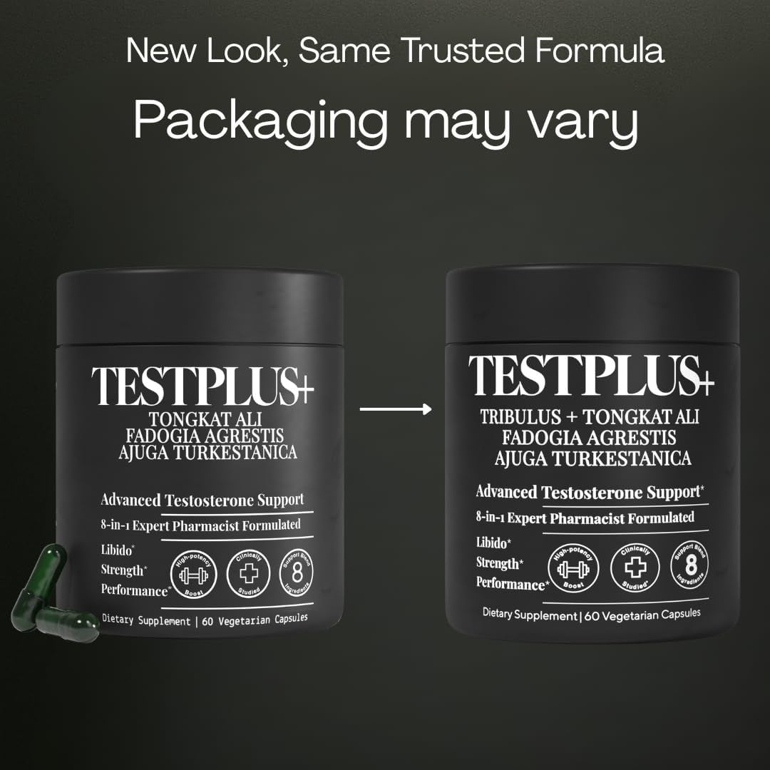 TESTPLUS+ 1,450Mg 8-In-1 Testosterone Support for Men - High Strength Tongkat Ali, Fadogia Agrestis, Turkestanica & Tribulus - Natural Performance, Energy & Muscle Growth Formula (60 Capsules)
