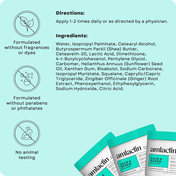 Calm & Renew Body Butter - Therapeutic Skin Care Moisturizer for Sensitive Skin - No-Scrub Exfoliator and Body Cream for Dry Skin with Lactic Acid AHA and Soothing Ginger Root, 11Oz