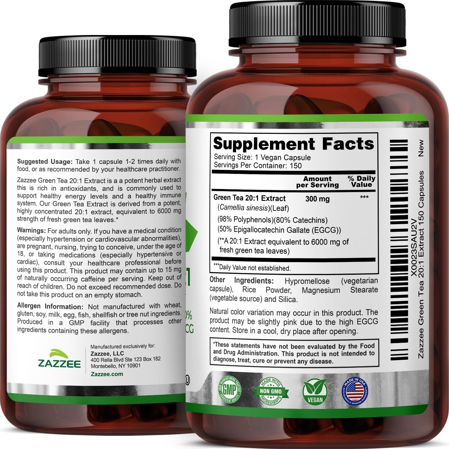 Zazzee Extra Strength Green Tea – 150 Capsules | 6000mg 20:1 Extract with 50% EGCG, 98% Polyphenols & 80% Catechins