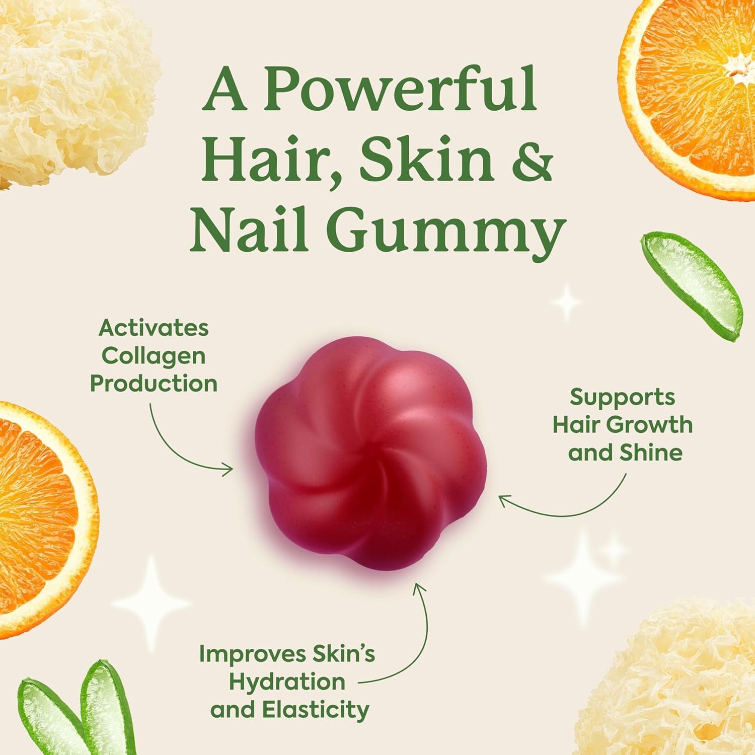Wonderbeauty Hair, Skin & Nails Rejuvenation Gummies with Tremella Mushroom, Marine Collagen Peptides, Keratin, & Biotin – Watermelon Flavor, 60 Gummies