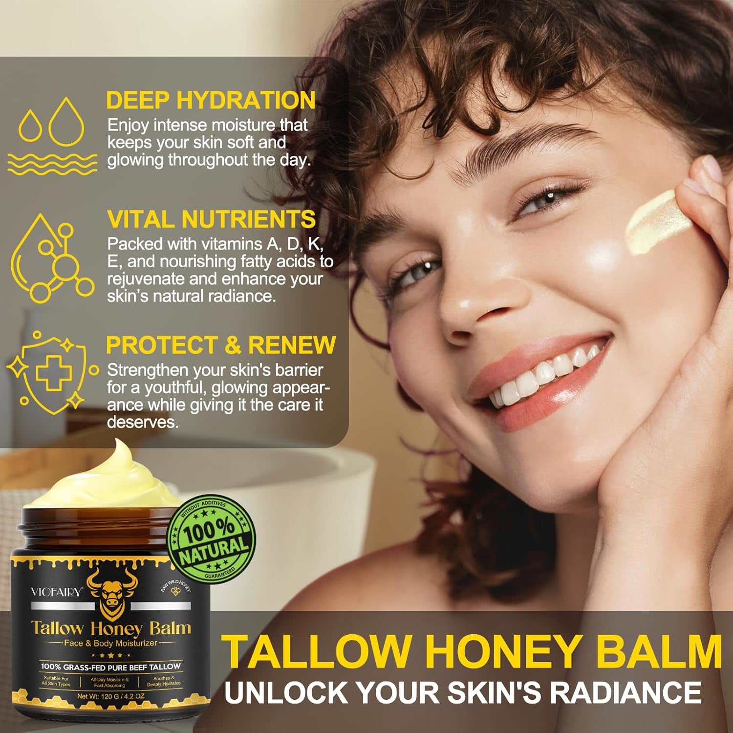 VIOFAIRY Tallow Honey Balm Face & Body Moisturizer – 120g | Fast-Absorbing Hydration & Nourishment