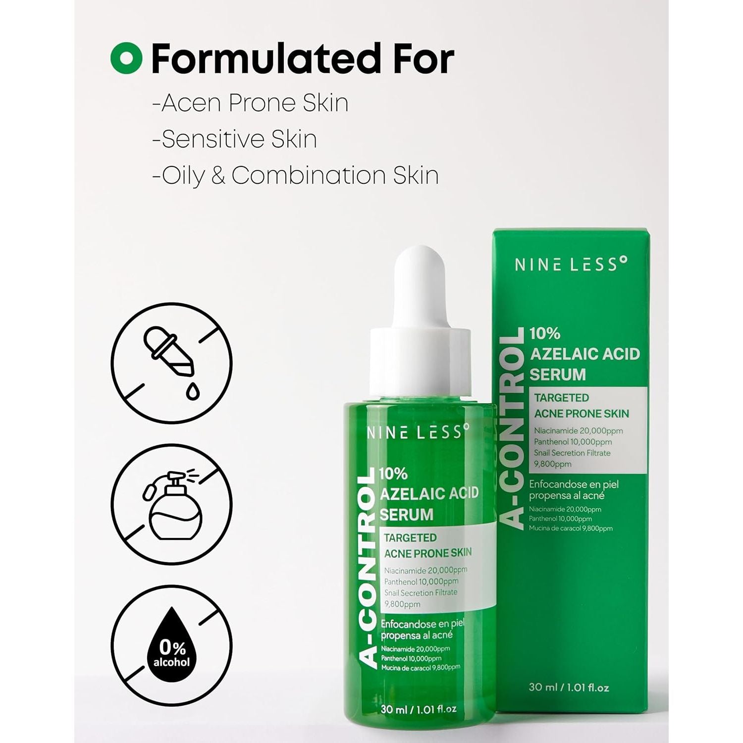 NINELESS A-Control 10% Azelaic Acid Serum – 30ml | Redness Relief, Dark Spot & Acne Treatment