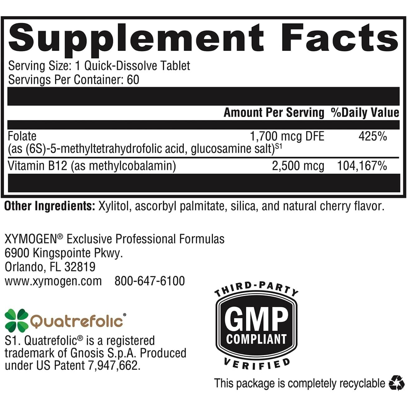 XYMOGEN 5-MTHF Plus B12 – 60 Quick-Dissolve Tablets | Active Folate + Methyl B12 for Nervous System & Methylation Support