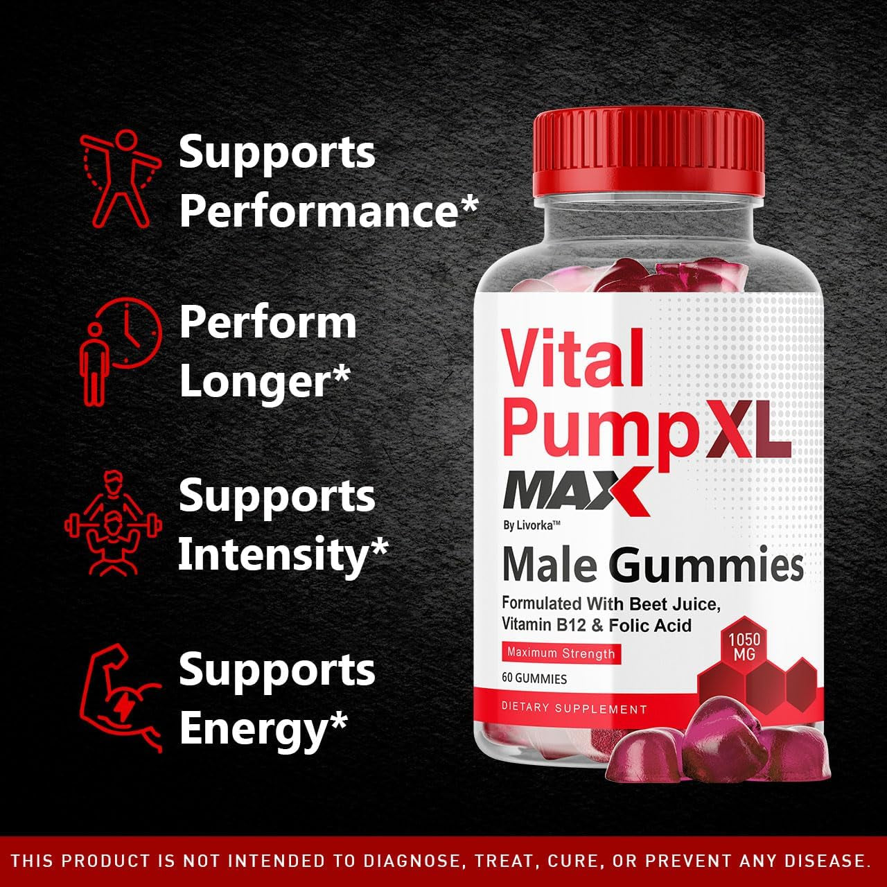 LIVORKA Vital Pump XL Max Male Gummies – 60 Gummies | Daily Energy, Vitality & Performance Support for Men – 1050mg Formula