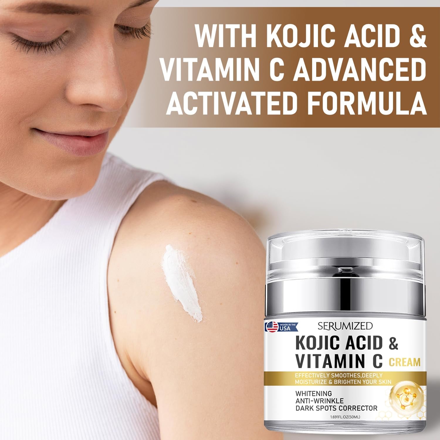 Serumized Kojic Acid & Vitamin C Brightening Cream – 50ml | Fade Dark Spots, Smooth Skin Texture & Boost Radiance