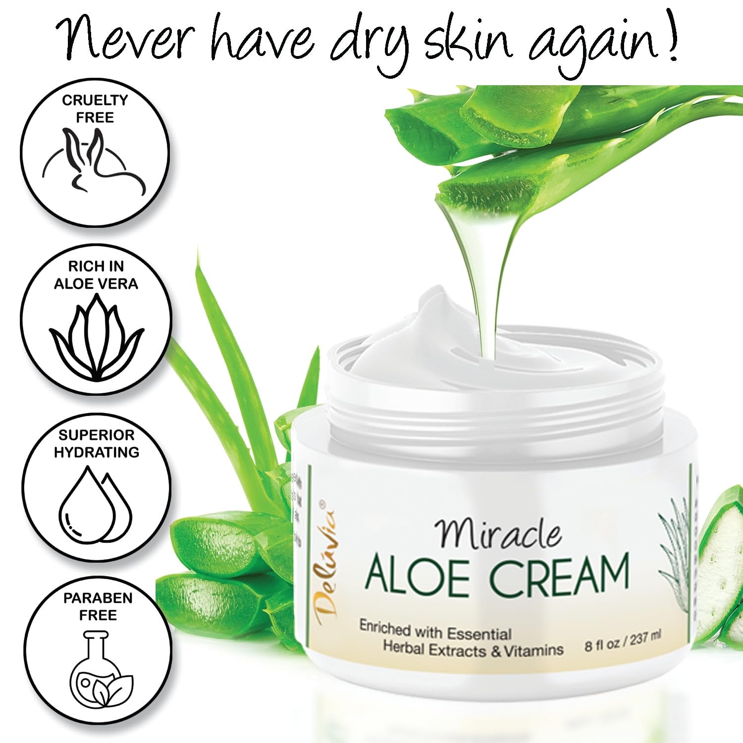 DELÚVIA Miracle Aloe Cream – 237ml | Soothing Aloe Vera Moisturizer for Face & Body