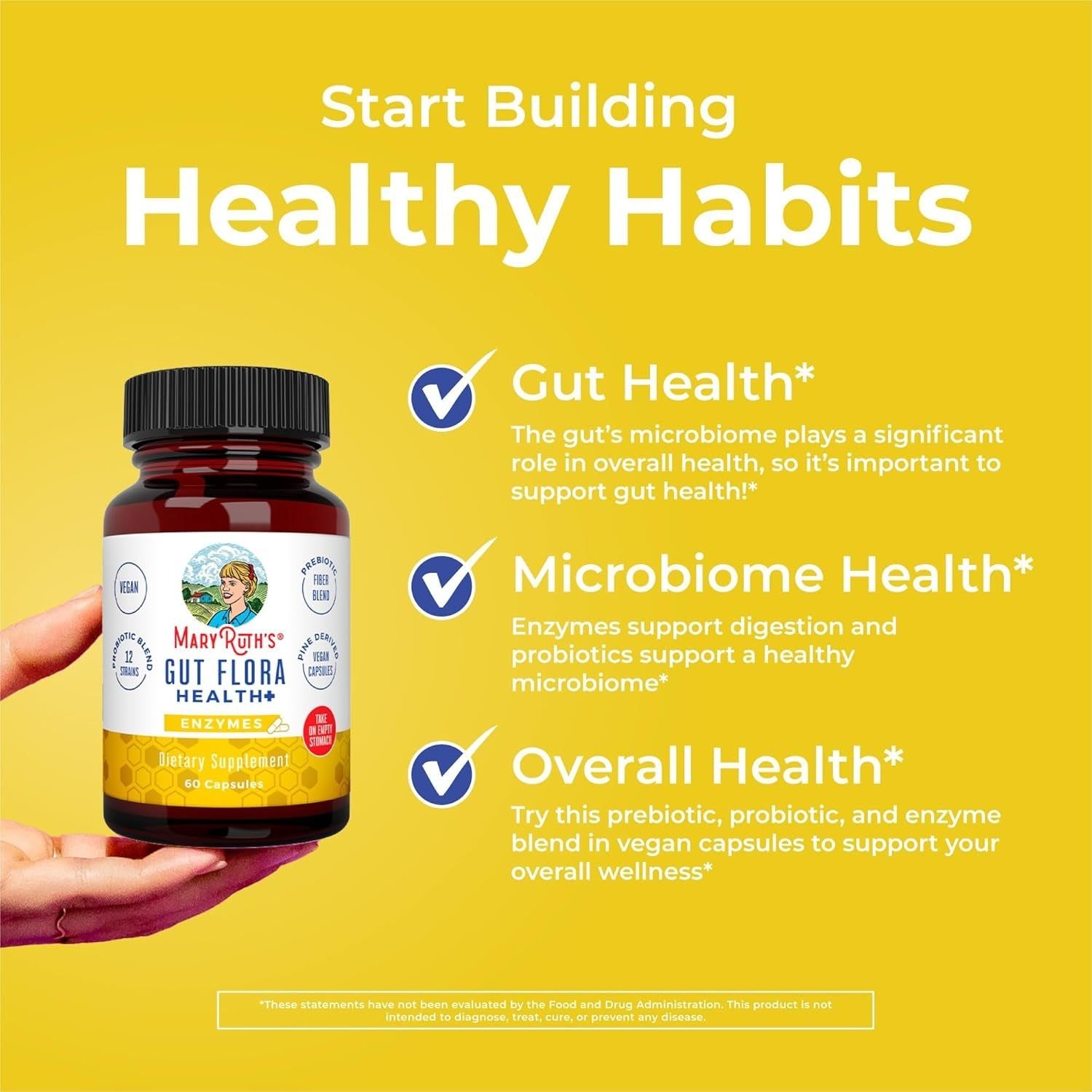 MaryRuth Organics Gut Flora Health+ Enzymes – 60 Capsules | Probiotic, Prebiotic & Enzyme Blend for Digestive Support