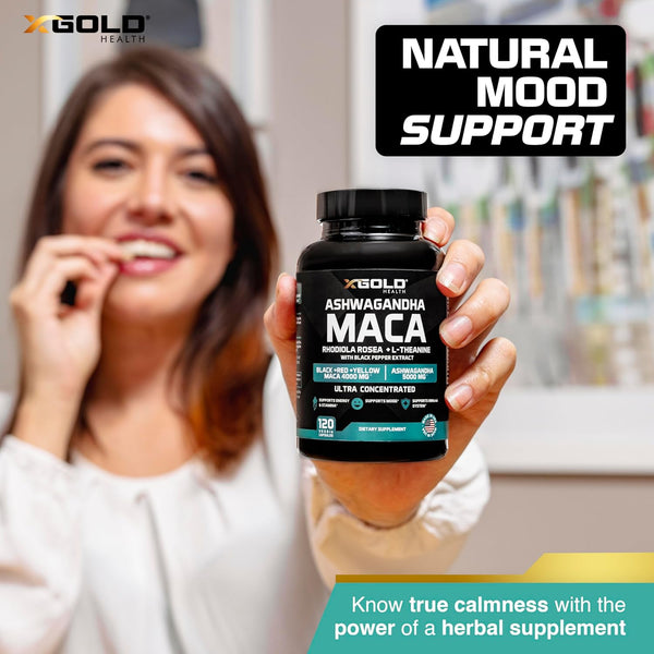 X Gold Health Ashwagandha Maca – 120 Capsules | Energy, Hormone Balance & Mood Support