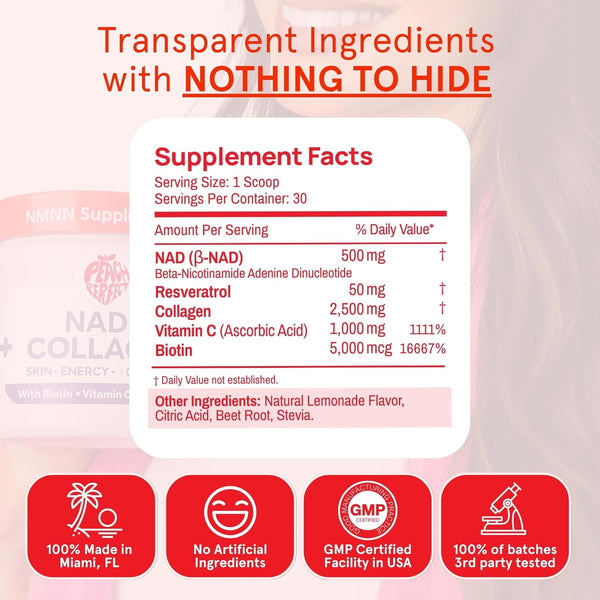 Peach Perfect NAD+ Collagen Dietary Supplement – 153g | Anti-Aging Energy & Skin Support Powder