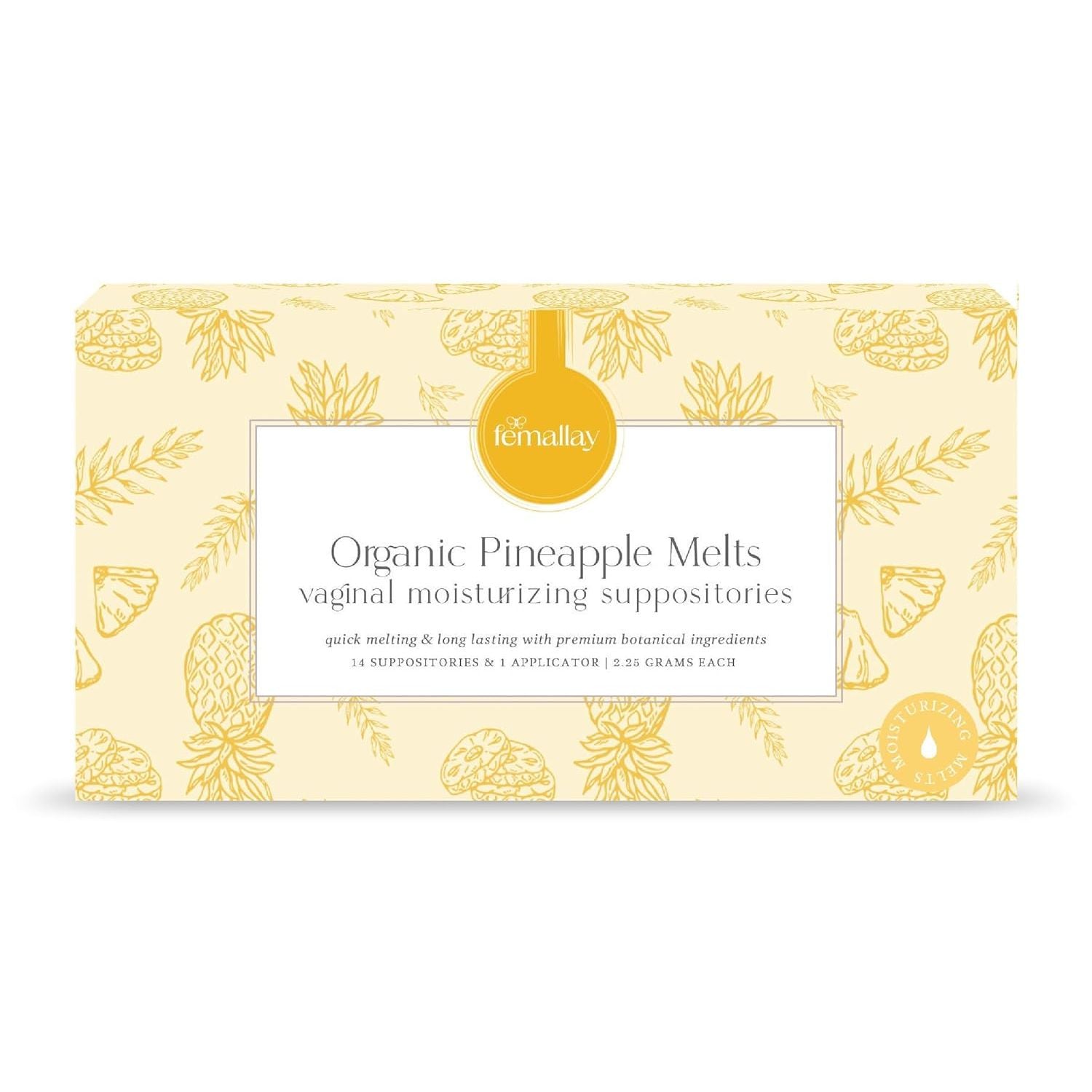 Femallay Organic Vaginal Moisturizing Suppositories – Pineapple – 100% Natural Relief for Dryness, Odor & Daily Feminine Discomfort – 14 Count + Applicator