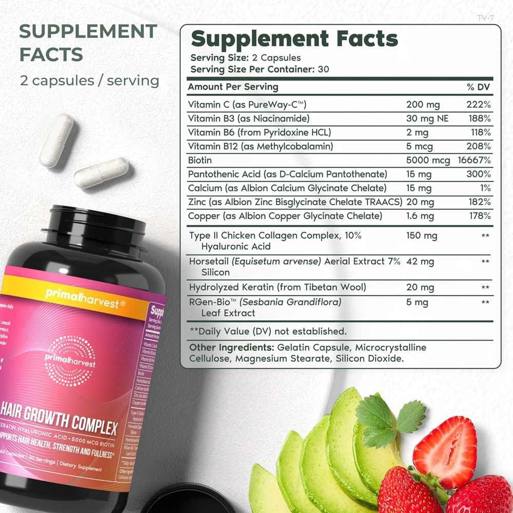 Primal Harvest Hair Growth Complex – 60 Capsules | Biotin, Keratin & Silica for Fuller, Healthier Hair