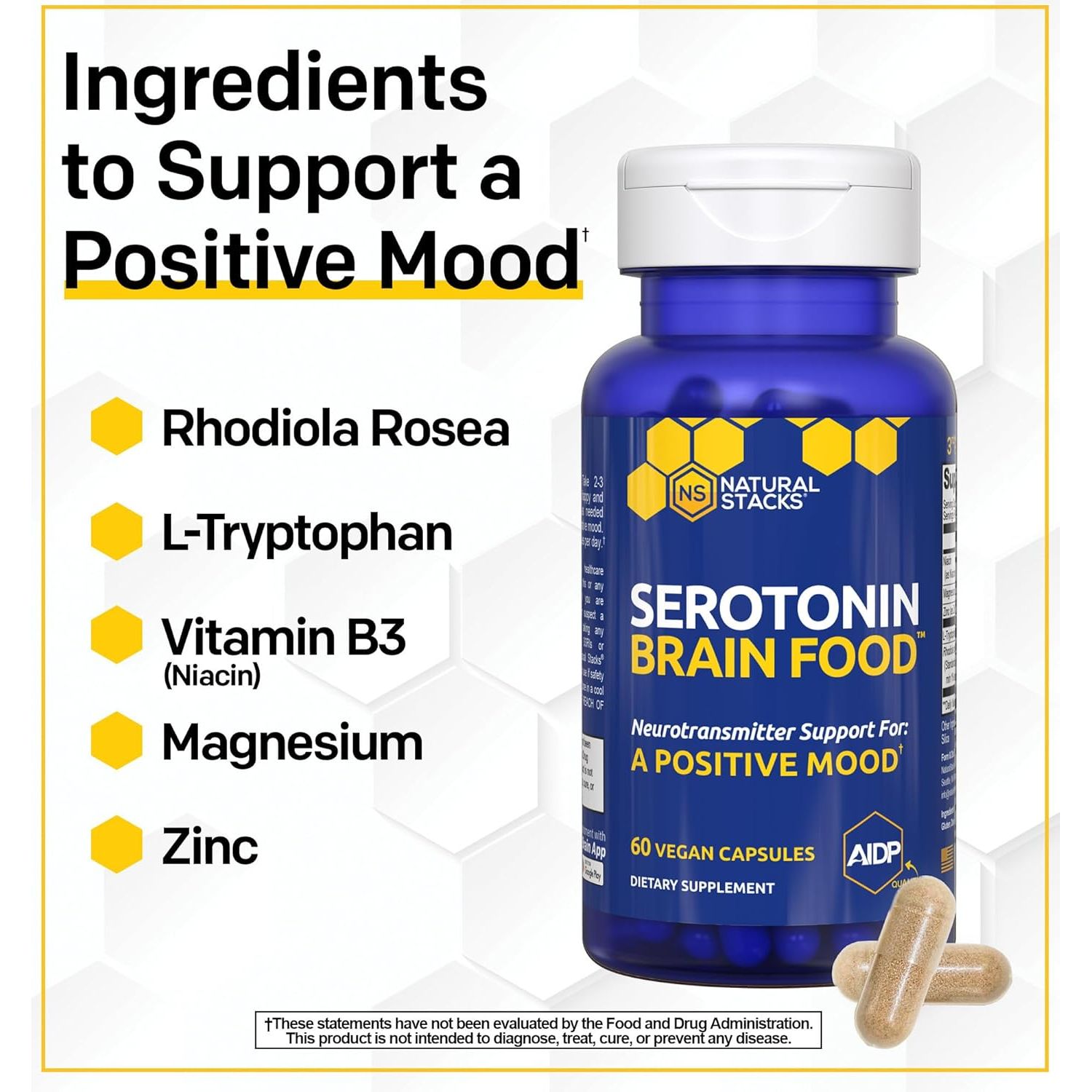 Serotonin Brain Food - 1250Mg L-Tryptophan & 400Mg Rhodiola Rosea Supplement - Mood Support Supplement for Stress Relief - Neurotransmitter Support with Magnesium Glycinate & Zinc - 60 Capsules