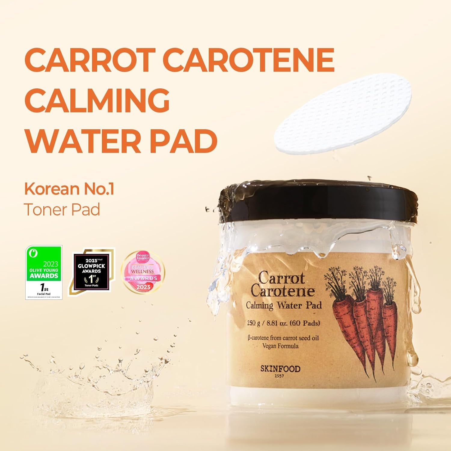 SKINFOOD Carrot Carotene Calming Water Pad – 250g, 60 Pads | Vegan Korean Toner Pads for Sensitive Skin