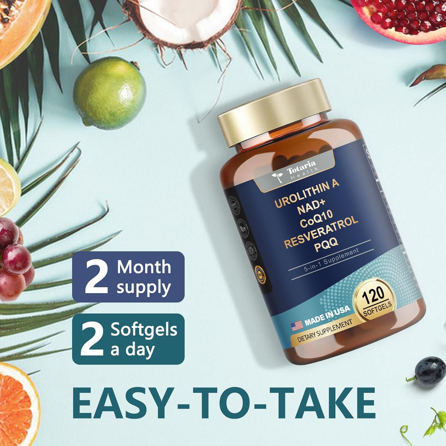 Totaria Urolithin A + NAD+ + CoQ10 + Resveratrol + PQQ – 120 Softgels | Cellular Energy, Mitochondrial & Anti-Aging Support