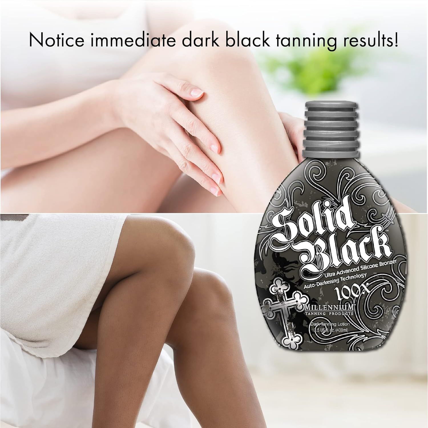 SOLID BLACK 100X Dark Tanning Lotion Indoor Outdoor Tan Enhancing Silicone Bronzer Tanning Bed Lotion 13.5 Fl Oz (400 Ml)