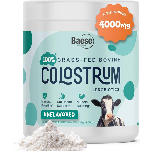 Baese Nutrition 100% Grass-Fed Bovine Colostrum + Probiotics Powder Supplement – 132g | Immune & Gut Support for Adults & Kids