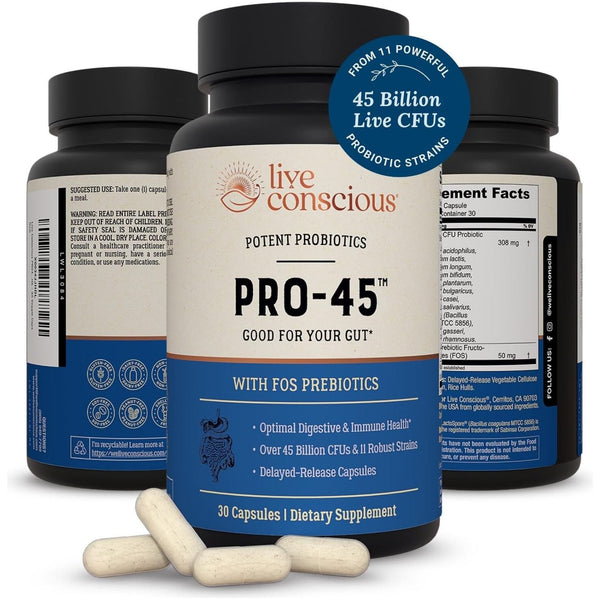 Live Conscious Potent Probiotics PRO-45 – 30 Capsules | 45 Billion CFU for Digestive, Immune & Gut-Brain Health