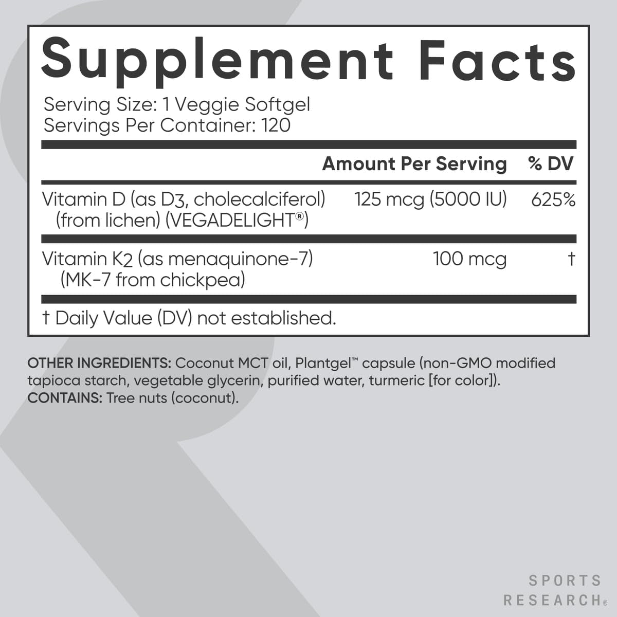 Sports Research® D3 + K2 – 120 Veggie Softgels | Bone Strength & Immune Support, Vegan Formula