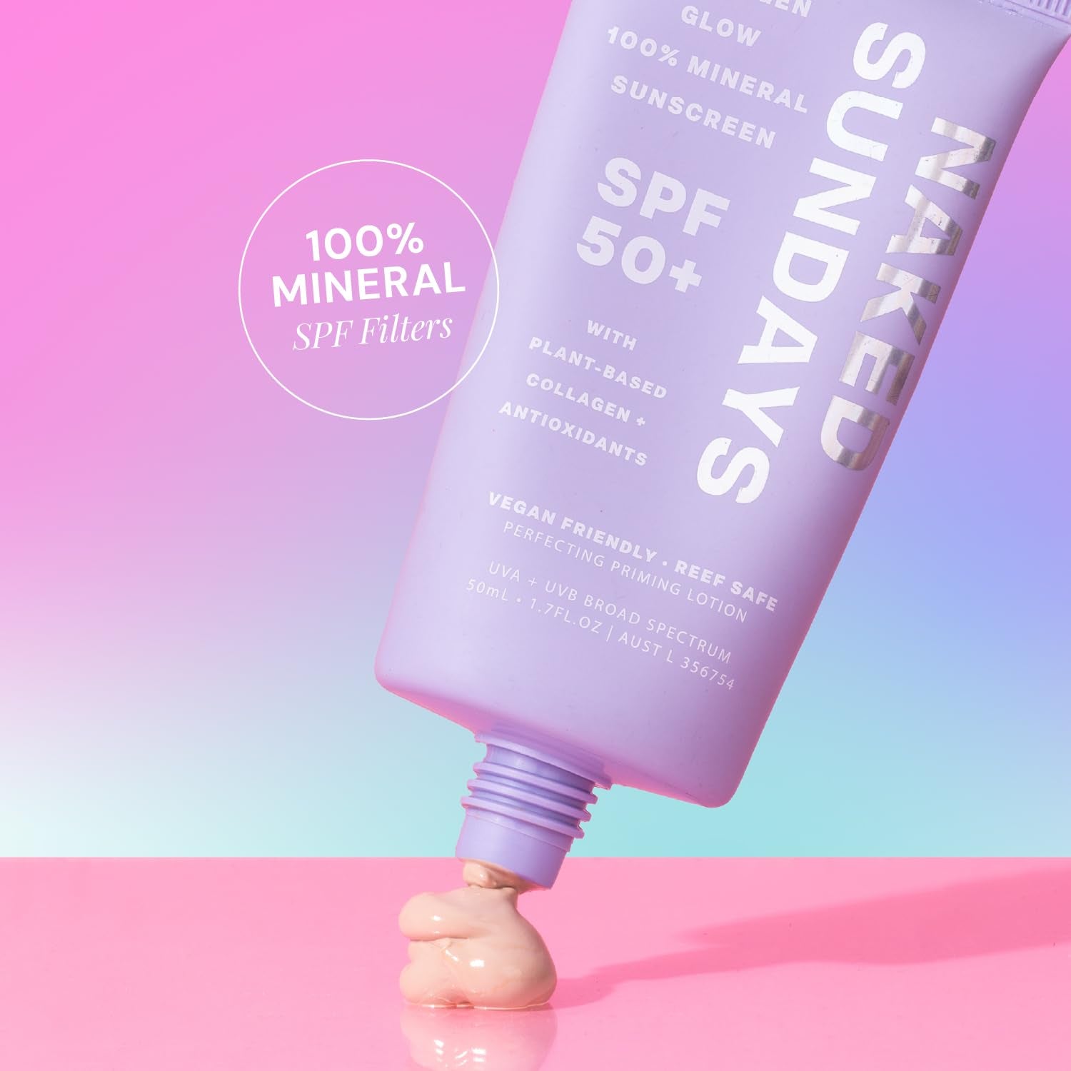 Naked Sundays Collagen Glow 100% Mineral Sunscreen SPF 50+ – 50ml | Primer & SPF in One for a Radiant, Protected Glow