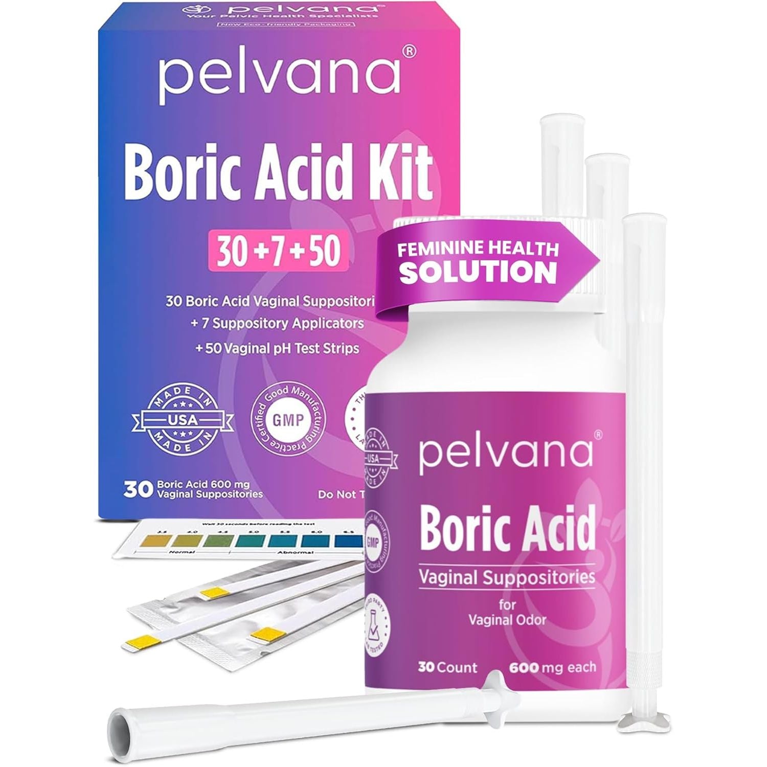 Pelvana Boric Acid Kit | 30 Vaginal Suppositories + 7 Applicators + 50 pH Test Strips | Natural Vaginal Balance & Odor Support