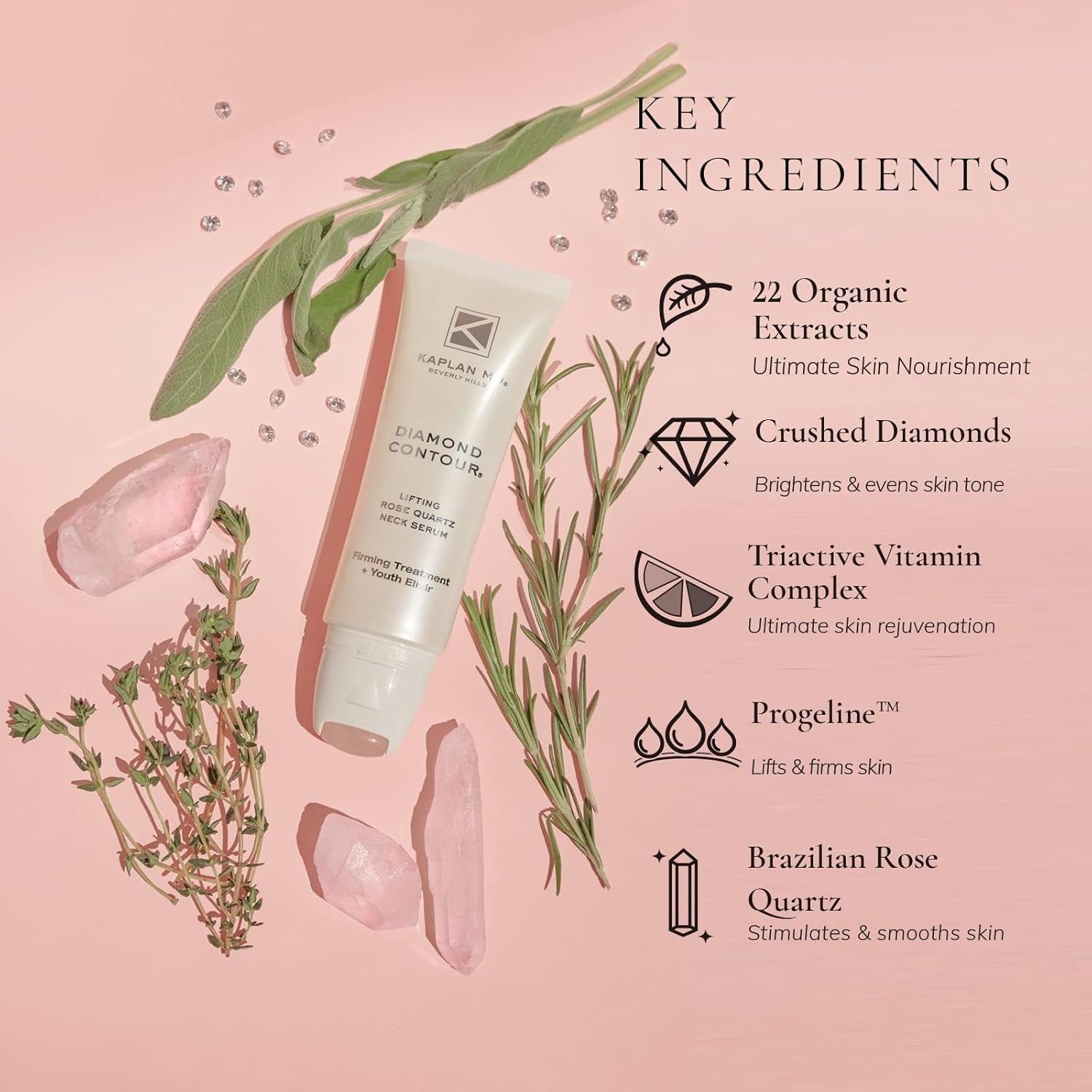 KAPLAN MD Diamond Contour Lifting Rose Quartz Neck Serum – 50ml | Firm, Lift & Illuminate the Neck and Décolleté