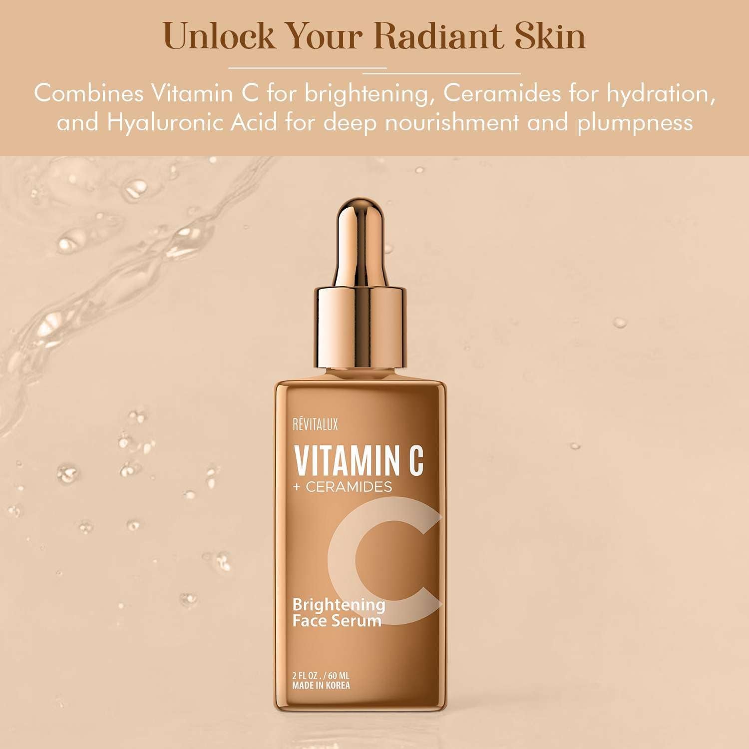 RevitaLux Vitamin C & Ceramides Brightening Face Serum – 2 fl. oz | Hydrating & Anti-Aging Korean Skincare for Radiant, Smooth Skin