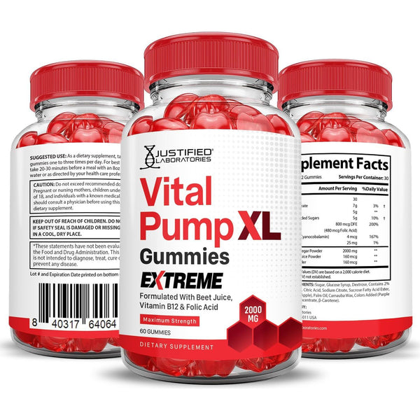 Justified Laboratories Vital Pump XL Gummies Extreme – 60 Gummies | 2000mg Apple Cider Vinegar + B12 & Beetroot for Energy & Performance