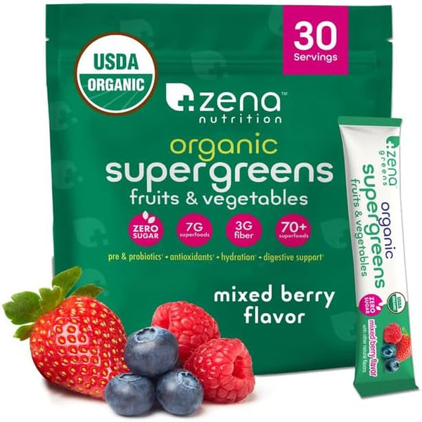 Zena Nutrition Organic Super Greens Powder – Mixed Berry, 30 Stick Packs | 70+ Superfoods & Probiotics