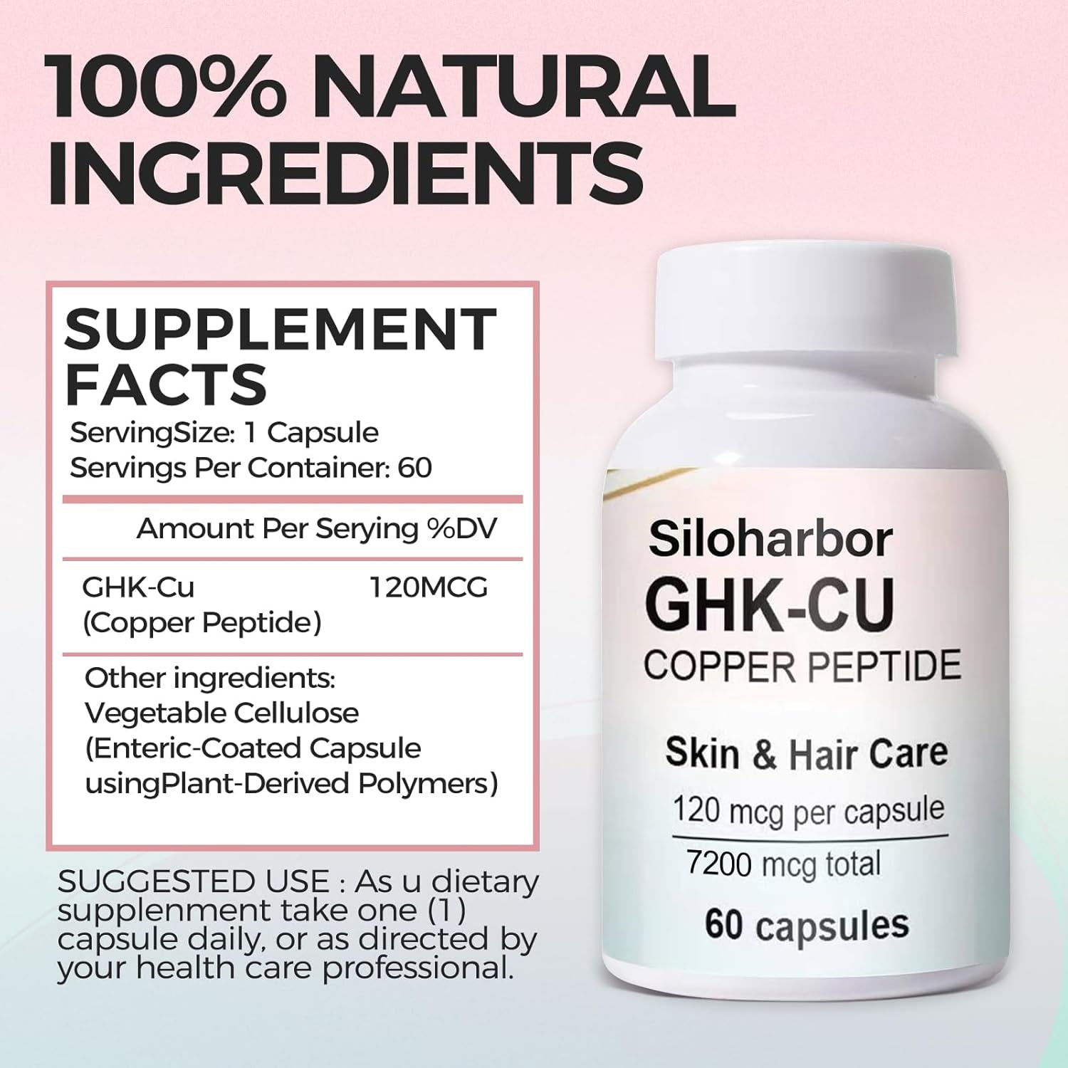Ghk-Cu Copper Peptide Supplement, 120Mcg High-Purity Supplement for Skin & Hair, Enteric-Coated for Maximum Absorption, Vegan & Gluten-Free (60 Count)