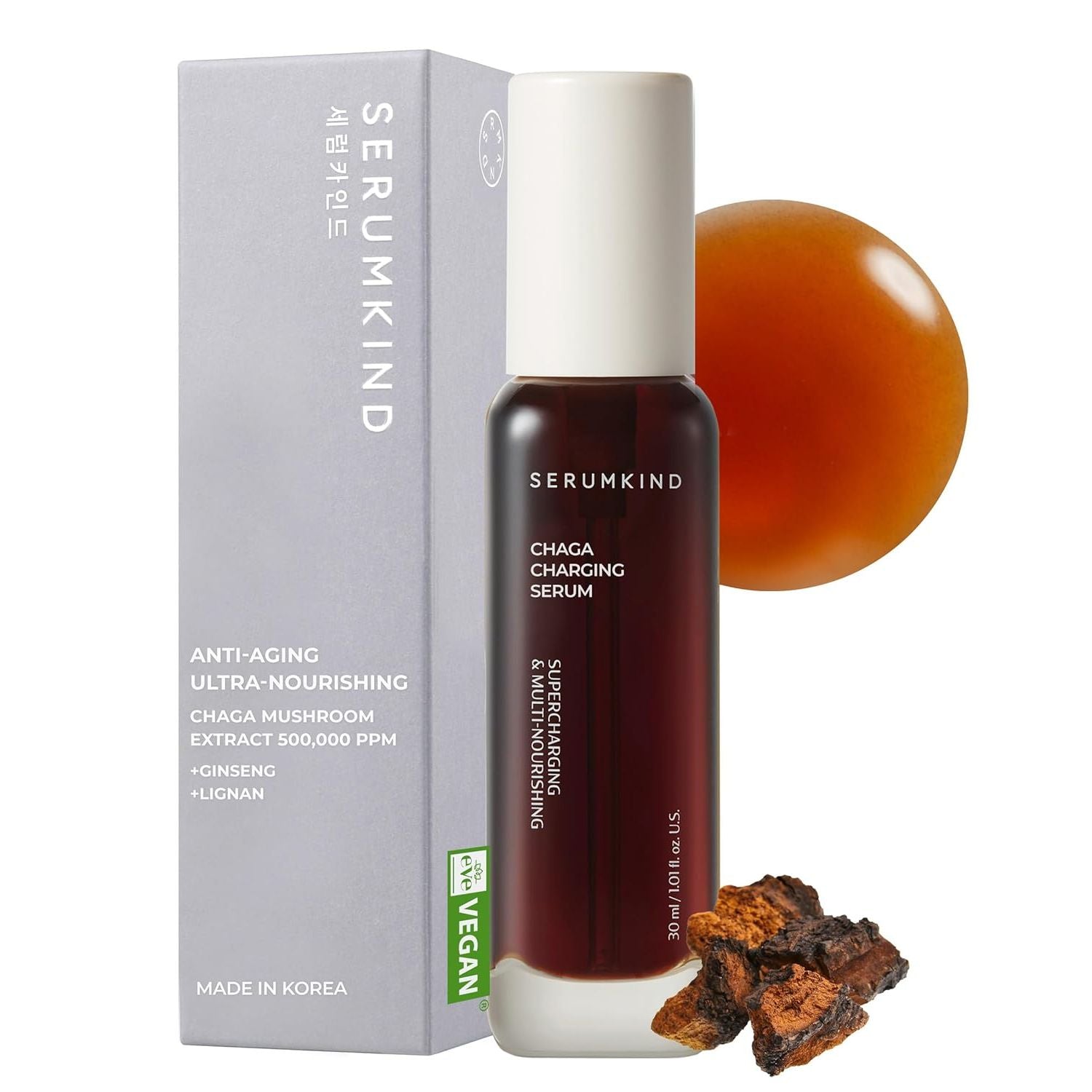SERUMKIND Chaga Mushroom Serum for Face - Betaine Moisture Boost + Chaga-Derived Beta Glucans - Deep Hydration for Extremely Dry Skin - Korean Skincare - Vegan & Cruelty-Free – 1.01 Fl.Oz.