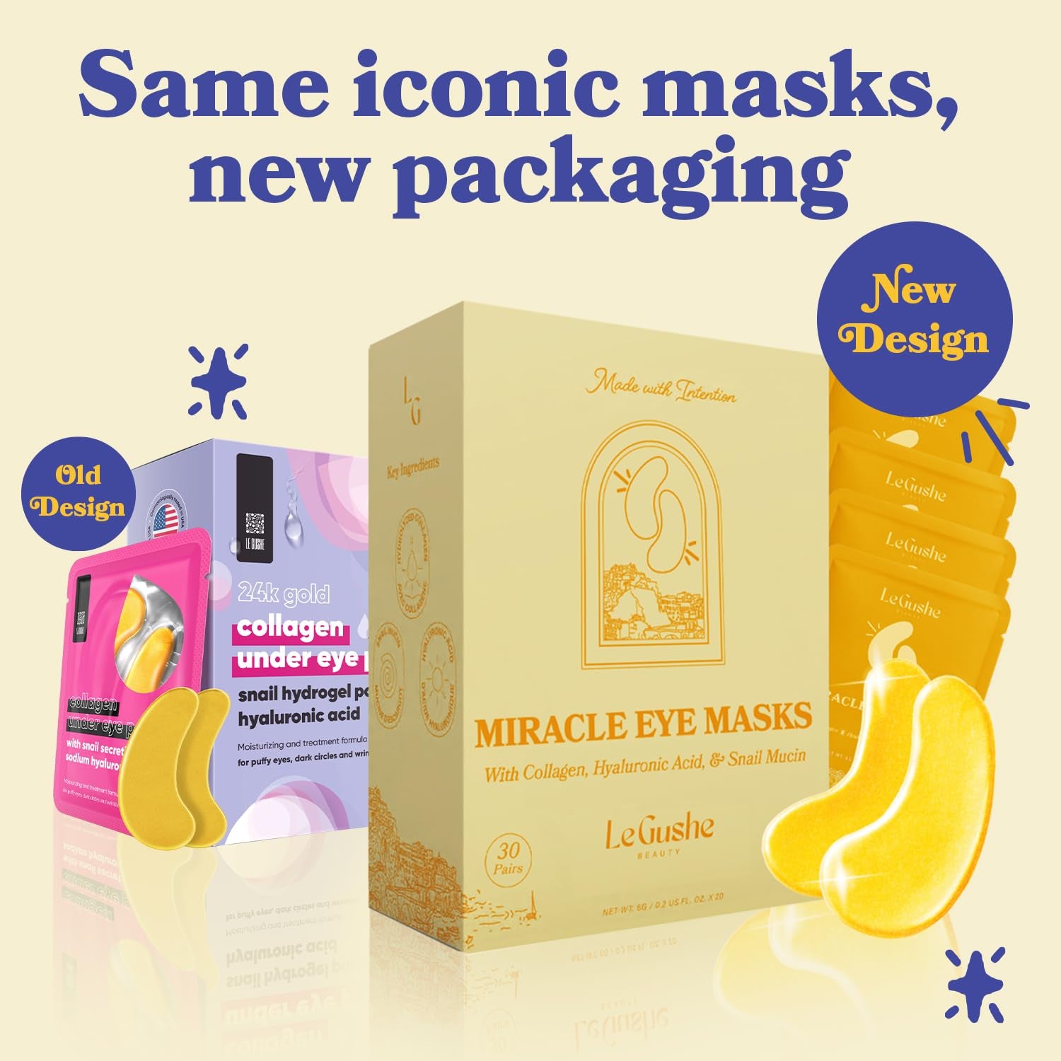 LE GUSHE Miracle Eye Masks – 30 Pairs, Gold | Collagen, Snail Mucin & Hyaluronic Acid for Dark Circles & Puffiness