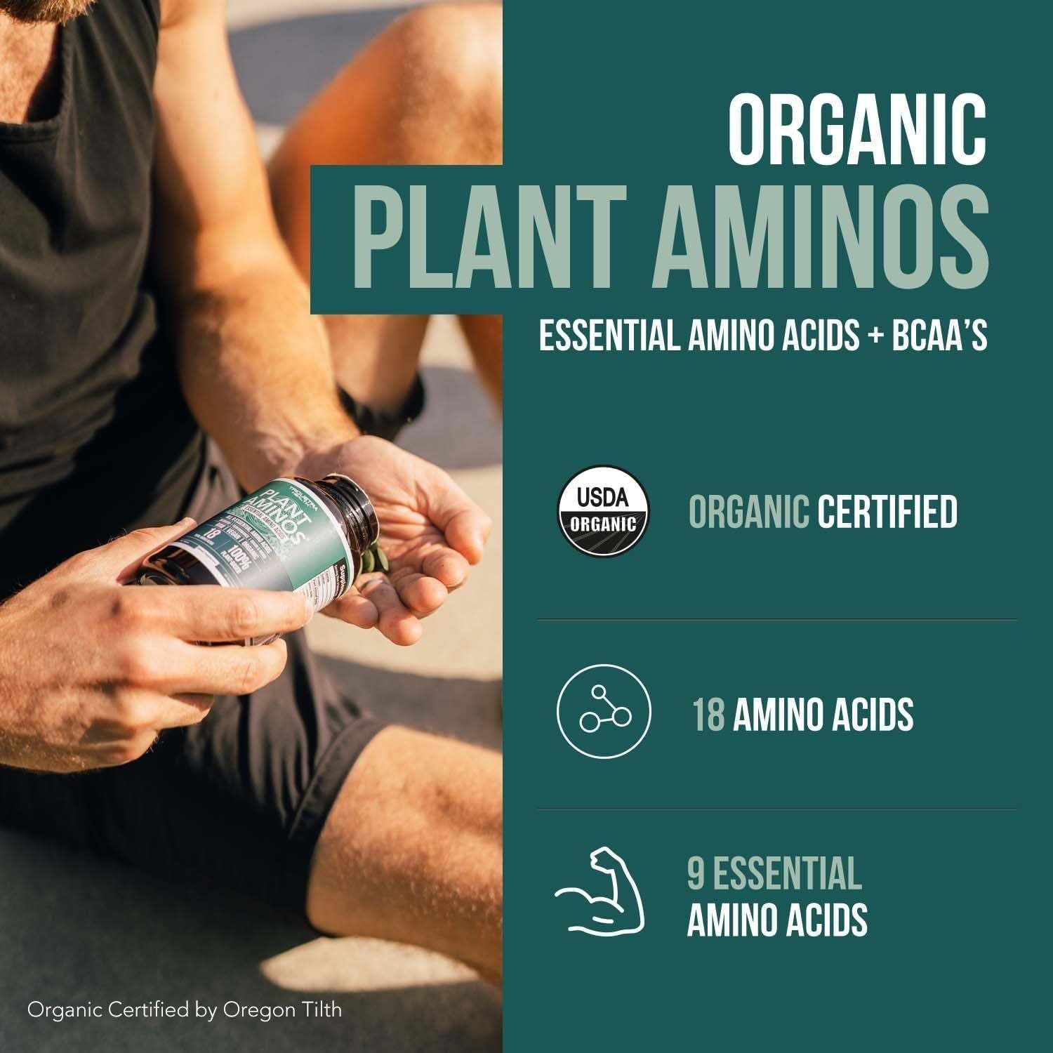 Triquetra Health Plant Aminos – 360 Tablets | 100% Organic Plant-Based Essential Amino Acids for Muscle Recovery, Energy & Performance