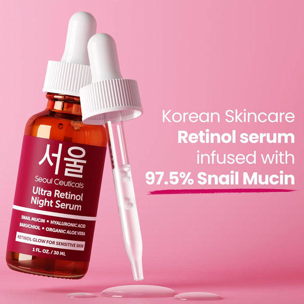SeoulCeuticals Ultra Retinol Night Serum – 1oz | Anti-Aging Korean Formula with 1% Retinol, Snail Mucin & Bakuchiol