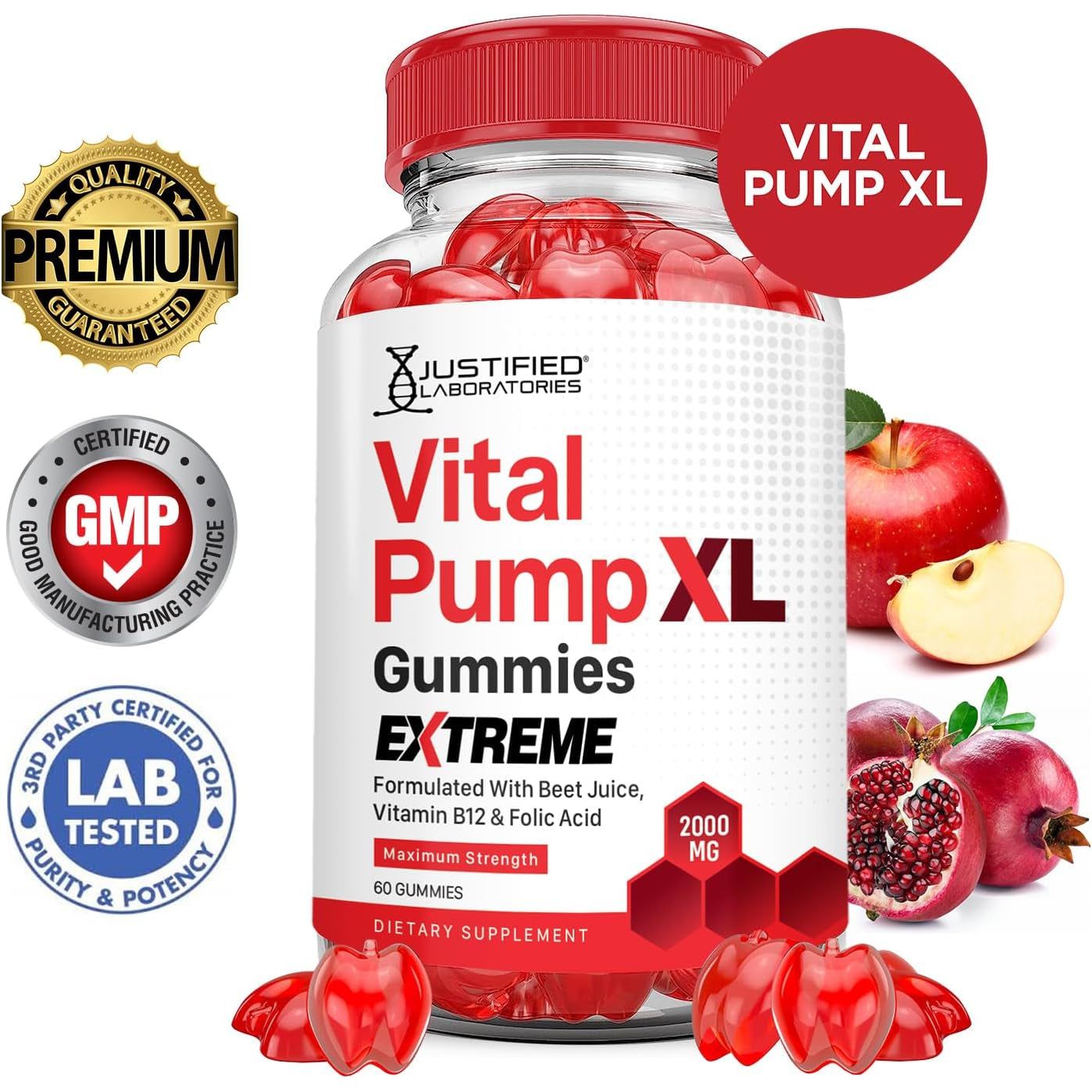 Justified Laboratories Vital Pump XL Gummies Extreme – 60 Gummies | 2000mg Apple Cider Vinegar + B12 & Beetroot for Energy & Performance