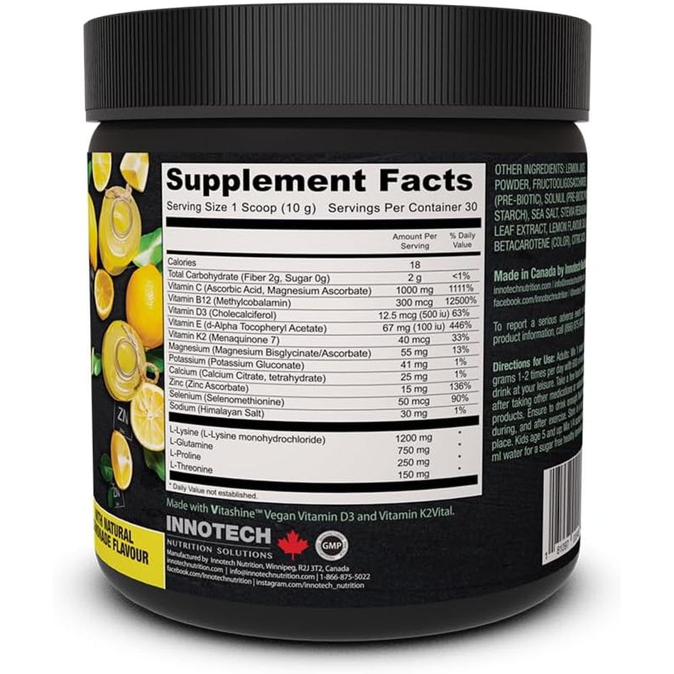Innotech Nutrition Solutions Immune Essentials – 300g, Lemon Flavour | Daily Immune Support with Zinc, Prebiotics & Electrolytes