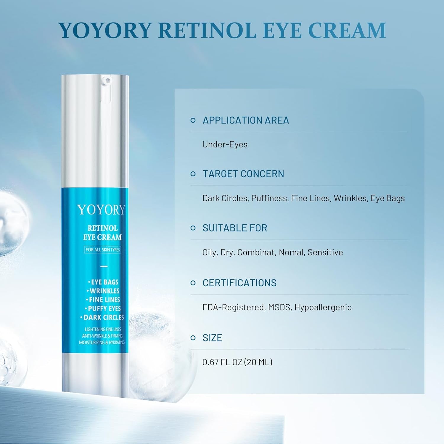 YOYORY Retinol Eye Cream – 20ml | Smooths Fine Lines, Lifts Puffiness & Brightens Dark Circles