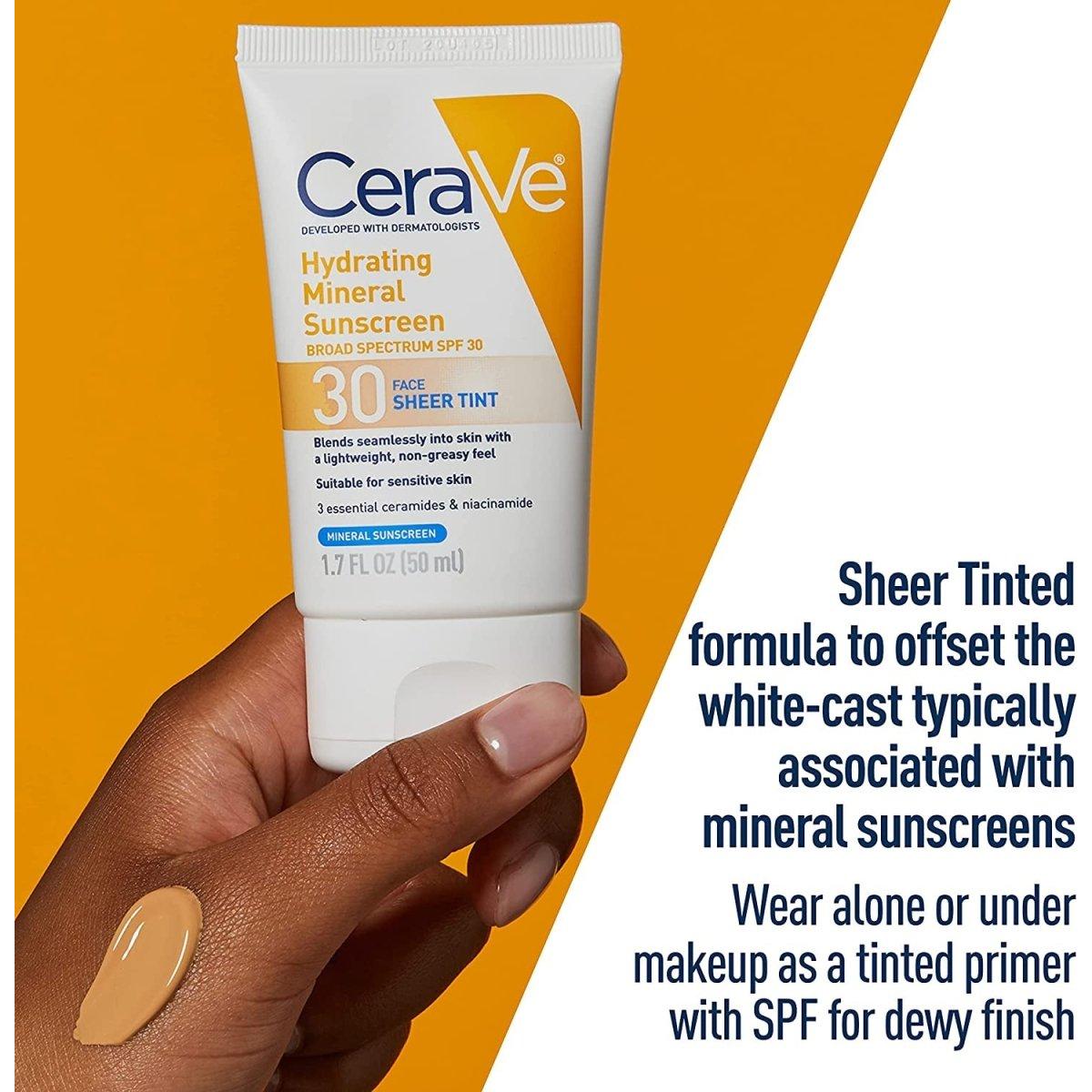 CeraVe Hydrating Mineral Sunscreen with Sheer Tint SPF 30 - 50ml - Glam Global UK