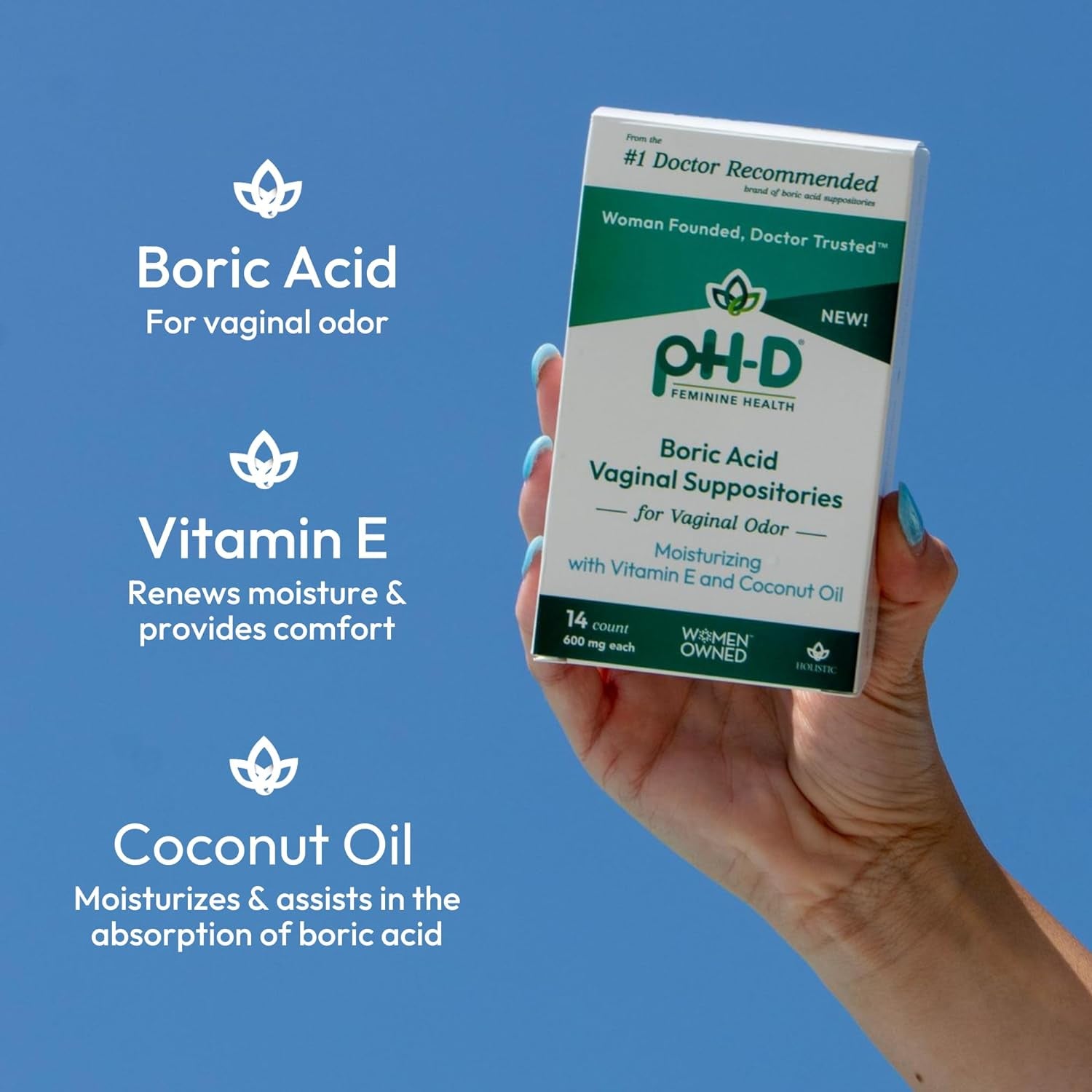 pH-D Feminine Health Support Moisturizing Boric Acid Vaginal Suppositories – 14 Count | Odour Relief & Hydration