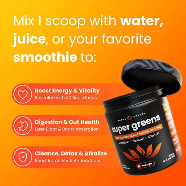 NutraChamps Super Greens Powder | Mango Flavor– 249g, 30 Servings | 40+ Nutrients & Probiotics